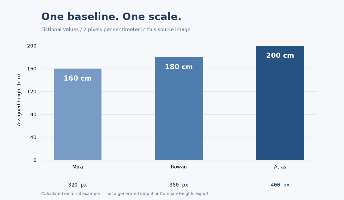 Three calculated height bars for fictional characters Mira at 160 cm, Rowan at 180 cm, and Atlas at 200 cm on a shared baseline